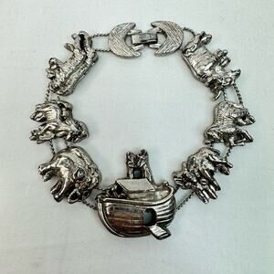 Vintage Noahs Ark Slider Charm Bracelet Silver Tone Fashion Jewelry Boat Animals